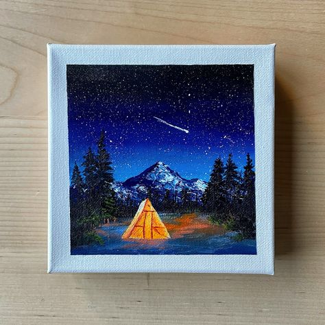 Lit up tent camped under the stars. Acrylic painting on 6x6 canvas. Camping Painting Easy, Camping Painting, Star Painting, Small Canvas Paintings, Simple Canvas Paintings, Easy Canvas Art, Small Canvas, Night Art, Night Painting