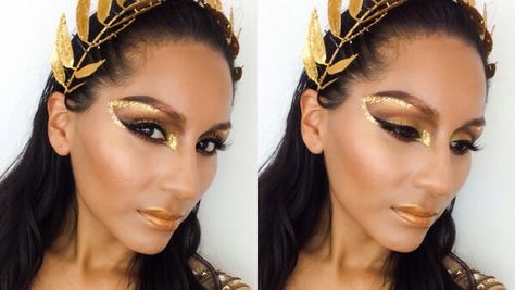 Gold makeup Goddess Halloween Makeup, Gold Goddess Makeup, Goddess Costume Makeup, Greek Goddess Makeup, Goddess Makeup Look, Greek Makeup, Unique Halloween Makeup, Goddess Halloween, Exotic Makeup