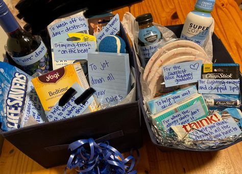 A cute, clever graduation gift for a police academy graduate (that has nothing to do with kitschy gun or doughnut references). Police Care Package Ideas, Police Gift Basket, Gifts For Police Academy Graduation, Police Week Gifts Ideas, Police Appreciation Gifts, Police Academy Graduation Party, Police Graduation Gifts, Blue Gift Basket, Police Academy Graduation Gift