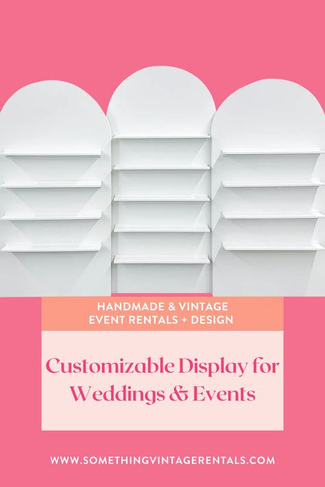 Unique, customizable wedding & event backdrop shelves for rent. White arched backdrop shelves for escort card display, food & drink display, gift & favors display. Something Vintage Rentals is the East Coast's premier event rental & decor company. High-quality, unique & creative furniture & decor to rent for weddings, corporate events & parties. Trend-setting event rental pieces & decor for rent, handmade & custom decor, backdrops, displays & furniture in DC, VA, MD, PA, DE, WV, NC, NY, NJ & RI. Arch Pegboard Display, Unique Party Rental Ideas, Party Rental Business Ideas, Wedding Favor Display, Arched Shelf, Arched Backdrop, Wedding Furniture Rental, Party Rental Ideas, Event Rental Business