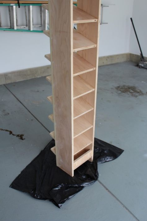 Garage Shoe Rack Part 2 - Our Home from Scratch Shoe Rack Diy Closet, Diy Narrow Shoe Rack, Slanted Shoe Shelves Diy, Wooden Shoe Rack Ideas Small Spaces, Diy Tall Shoe Rack, Vertical Shoe Rack Ideas, Shoe Tower Diy, Diy Shoe Tower, How To Make A Shoe Rack