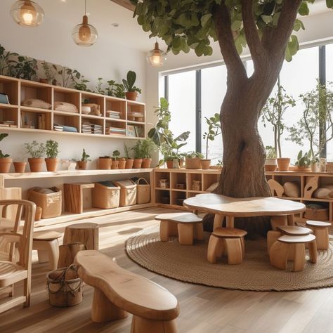 Set up your classroom with natural wood furniture to make a calming environment for children. Rearrange these shelves and panels to fit your space. Montessori Classroom Set Up, Daycare Interior Design, Waldorf Classroom, Childrens Garden, Classroom Tree, Calming Environment, Nursery Interior, Montessori Environment, Preschool Rooms