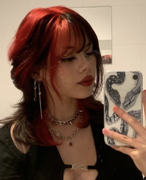 Black And Red Hair, Red Hair With Highlights, Black Hair Aesthetic, Short Grunge Hair, Red Hair Inspo, Hair Mullet, Dyed Red Hair, Vibrant Hair, Hair Streaks