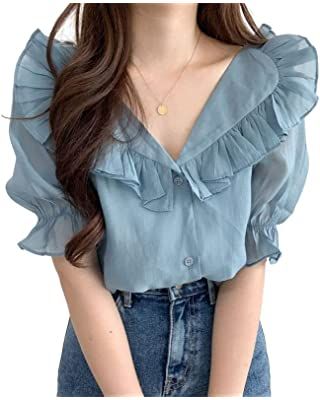 Áo Blu, Short Sleeve Chiffon Blouse, Blouse Korean Style, Romantic Blouses, Diy Vetement, Chiffon Fashion, Ruffles Fashion, Loose Pullover, Chiffon Shirt