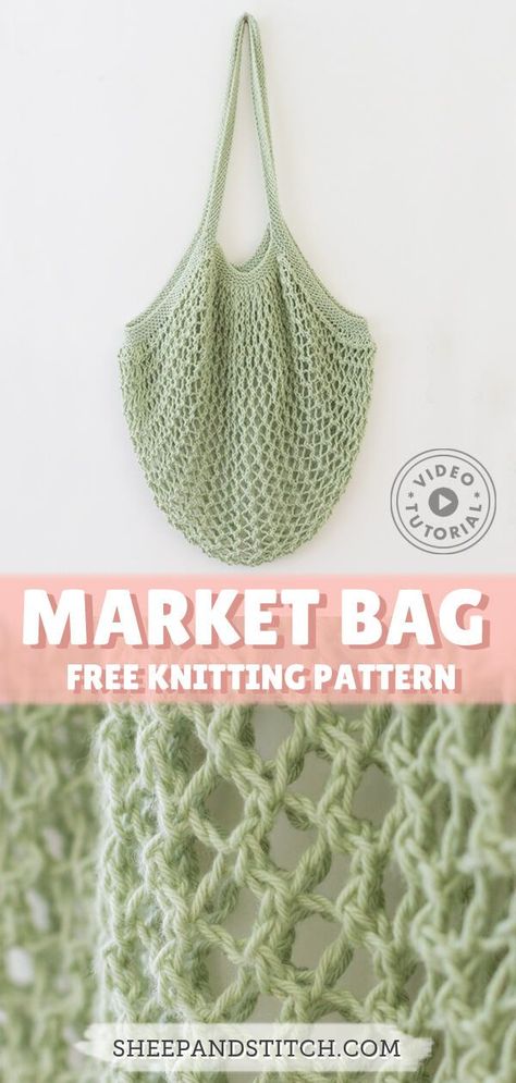 Learn how to knit a market bag in this free pattern and video tutorial! Knitted Bags Diy, Knitted Shopping Bags Free Patterns, Knit Variegated Yarn Patterns, Simple Free Knitting Patterns, Simple Knit Projects, East Knit Projects, Easy Knitting Gifts, Beginner Friendly Knitting Pattern, Begginer Knitting Project