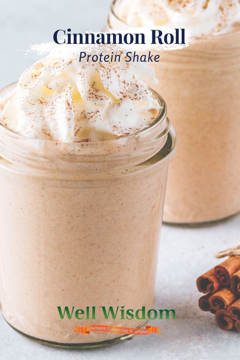 Cinnamon rolls are a sweet and decadent treat, perfect for snacking on during the cool fall weather. While most cinnamon rolls are are high in calories, you can enjoy the delicious flavor with way less sugar in this mouth-watering whey protein smoothie! Whey Protein Smoothie Recipes, Whey Protein Recipes Shakes, Protein Powder Smoothie Recipes, Whey Protein Smoothies, Vanilla Protein Shake Recipes, Protien Smoothies Recipes, Autoimmune Diet Recipes, Iced Coffee Protein Shake Recipe, Whey Protein Shakes