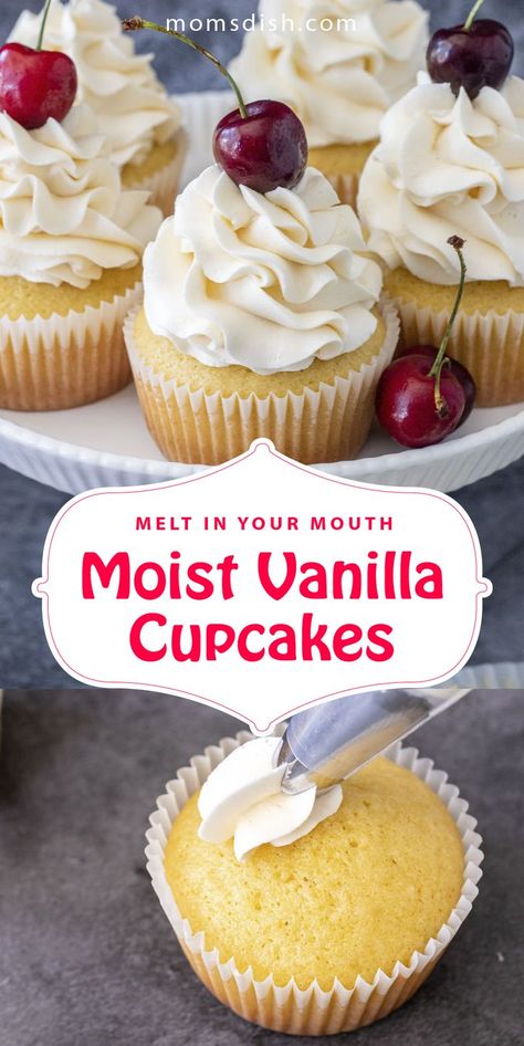 These moist vanilla cupcakes are easy to make and the perfect dessert. They are the perfect dessert for any occasion, they will literally melt in your mouth. This cupcake recipe is super easy and is perfect for any day when you are craving a sweet treat. #homemadecupcakes #vanillacupcakes #easydessertrecipe #dessertrecipe #desserts #vanillacupcakes Light Fluffy Cupcakes Recipes, The Best Cupcakes Recipe, Home Made Vanilla Cupcakes, Vanilla Cupcake Frosting Recipe, White Vanilla Cupcakes, Large Batch Vanilla Cupcakes, Vanilla Cupcakes From Box Cake Mixes, French Vanilla Cupcakes Recipe, Super Moist Cupcake Recipe