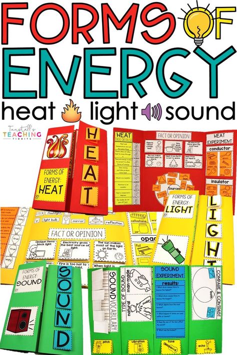 Energy Kindergarten Science, Types Of Energy Poster, Light And Sound Activities, Mechanical Energy Activities For Kids, Energy Transfer Activities, Heat Energy Activities, Light Energy Activities, Energy Science Projects, Teaching Energy