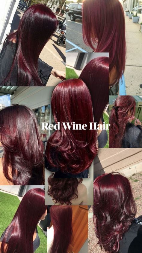 Red Violet Hair Color On Black Women, Cherry Cola Hair Black Women, Wine Red Hair Highlights, Dyed Hair Natural Colors, Ideas To Dye Your Hair, Black Cherry Red Hair, Red Wine Hair Color, Black Roots Red Hair, Wavy Hair Color