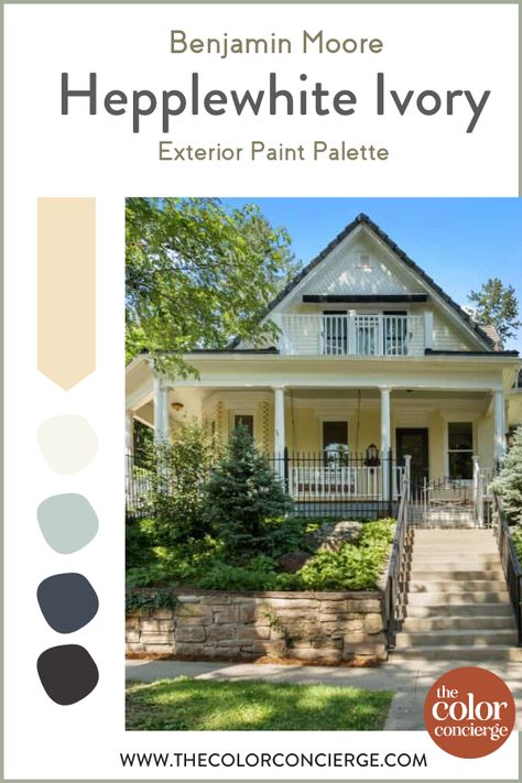 Cream Paint Exterior House, Yellow Historic Home Exterior, Hawthorne Yellow Benjamin Moore Exterior, Benjamin Moore Hepplewhite Ivory, Soft Yellow Exterior House Colors, Pale Yellow Siding Color Schemes, Hepplewhite Ivory Benjamin Moore, Historic Exterior Paint Colors For House, Pale Green House Exterior