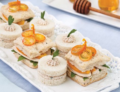 Homemade Onion-Caraway Scones make these Roast Chicken Tea Sandwiches with Honey-Mustard Spread a special teatime treat. Chicken Tea Sandwiches, Tea Party Sandwiches, Tea Sandwiches Recipes, Afternoon Tea Recipes, Party Sandwiches, Spring Tea, Tea Party Food, Spread Recipes, Tea Sandwiches