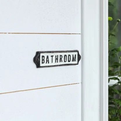 Mike & Melissa | Wayfair Bathroom Door Signs, Bathroom Door Sign, Bathroom Decor Signs, Outdoor Bathroom Design, Office House, Cast Iron Wall, Outdoor Bathroom, Retail Signs, Bathroom Size