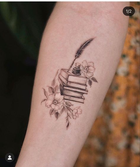 Small Book Tattoo, Literature Tattoos, Bookworm Tattoo, Writer Tattoo, Thigh Piece Tattoos, Book Lover Tattoo, Books Tattoo, Book Tattoos, Bookish Tattoos