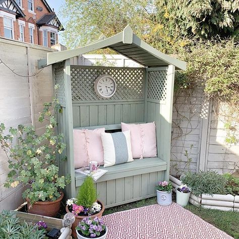 Beautiful sage green and pink set up in the garden, ready for spring! #garden #outdoor #outdoorliving Garden Arbour Seat, Arbour Seat, Small Cottage Garden Ideas, Spring Gardening, Small Courtyard Gardens, Back Garden Design, Cottage Garden Design, Corner Garden, Garden Arbor