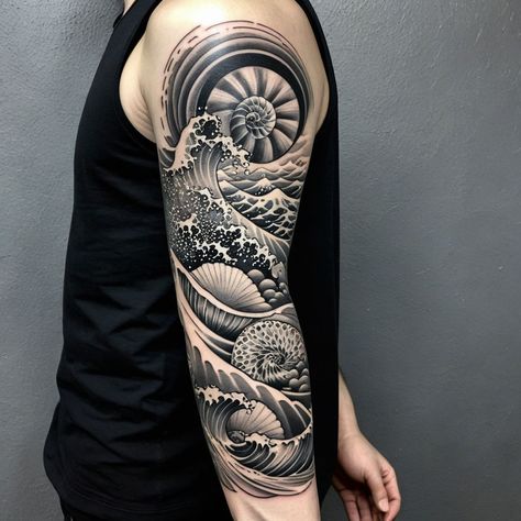 "Dive into Serenity: Ocean-Inspired Half-Sleeve" Detailed waves and shells flow seamlessly in this breathtaking black-and-grey half-sleeve tattoo. on the demand of one of our follower #HalfSleeveTattoo #OceanWaves #TattooInspiration #TattooDesign #tattoos #tattooart #tattooing #tattooideas #tattoodesign #tattooartist #tattooart #tattooinspiration Shell Sleeve Tattoo, Cool Tattoos For Guys Unique Arm, Ocean Tattoos Leg, Waves Tattoo Sleeve, Ocean Tattoos Men, Wave Tattoo Sleeve, Ocean Sleeve Tattoos, Ocean Sleeve, Wave Tattoo