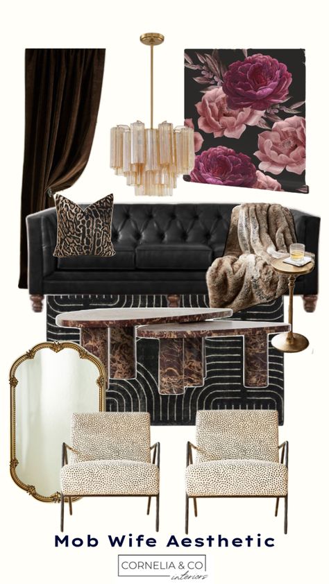 A living room decorated in the mob wife aesthetic. Black leather sofa, dark wallpaper, marble and animal print accents Dark Interior Design, Mob Wife Aesthetic, Aesthetic Interior Design, Wife Aesthetic, Wife Style, Aesthetic Living Room, Latest Interior Design, The Mob, Mob Wives