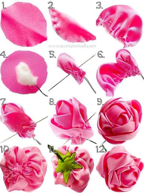 How To Make Fabric Roses - Edwardian Tutorial - Sew Historically Paper Projects Diy, Ribbon Flowers Diy, Ribbon Flower Tutorial, Diy Ribbon Flowers, Felt Flowers Diy, Making Fabric Flowers, Diy Spring Wreath, Fabric Flower Tutorial, Handmade Flowers Fabric