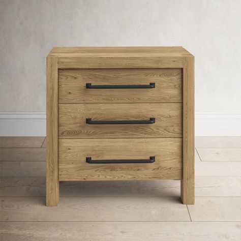 Birch Lane™ 3 - Drawer Nightstand in Pale Oak | Birch Lane Extra Wide Nightstand, Nightstand Light Wood, Rustic Farmhouse Bedroom Master Suite Nightstands, Cabin Master Suite, Natural Wood Nightstand, Beige Nightstand, Minimal Nightstand, White Oak Nightstand, Pine Nightstand