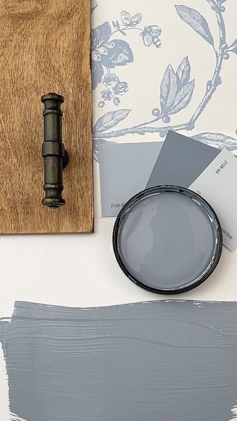 Loralee AhMu | Oxford Gray by Benjamin Moore is an elegant and classic shade of gray with blue undertones. The cool undertones lend themselves best to… | Instagram Ash Blue Paint, Oxford Gray Benjamin Moore, Blue Gray Living Room Walls, Light Blue Grey Aesthetic, Smokey Blue Paint, Blue Grey Paint Color, Blue Grey Living Room, Wallpaper Swatches, Grey Wall Color