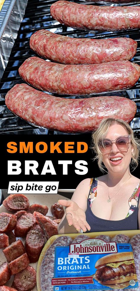 This easy Traeger smoked brats recipe is a game day and BBQ party staple. Smoke bratwurst to serve in sandwiches or dice them up for adding to smoked queso or serving on skewers as a pellet grill appetizer. | sipbitego.com Smoked Brats, Pit Boss Pellet Grill Recipes, Brats Recipe, Wood Pellet Grill Recipes, Smoker Grill Recipes, Smoked Queso, Grilled Brats, Brats Recipes, Pellet Smoker Recipes