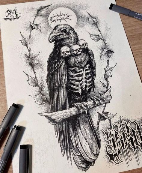 Aura Tattoos, Druid Tattoo, Voodoo Tattoo, Tattoo Mafia, Crows Drawing, Norse Mythology Tattoo, Crow Tattoo Design, Crow Tattoo, Skeleton Tattoos