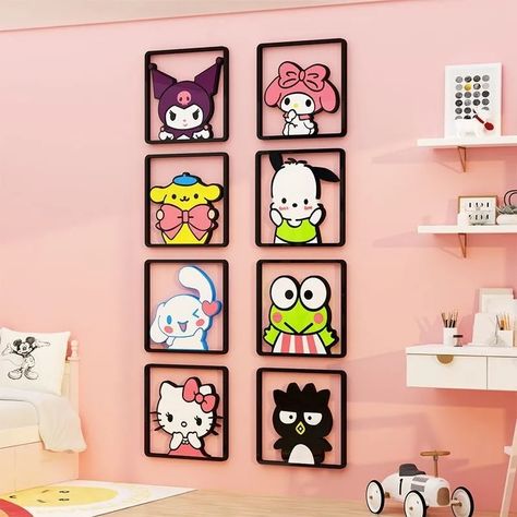 collection of 8 wall stickers with Sanrio characters inside a black frame. The characters are hello kitty, cinamoroll, Kuromi, my melody, pompompurin, pochaco, keroppi, and batzmaru Kuromi Room Decor Diy, Sanrio Room Decor Ideas, Sanrio Wall Art, Hello Kitty And Friends Bedroom, Sanrio Wall Decoration, Hello Kitty And Friends Room Decor, Hello Kitty Bedroom Decor Wall Art, Aesthetic Sanrio Room, Diy Sanrio Room Decor