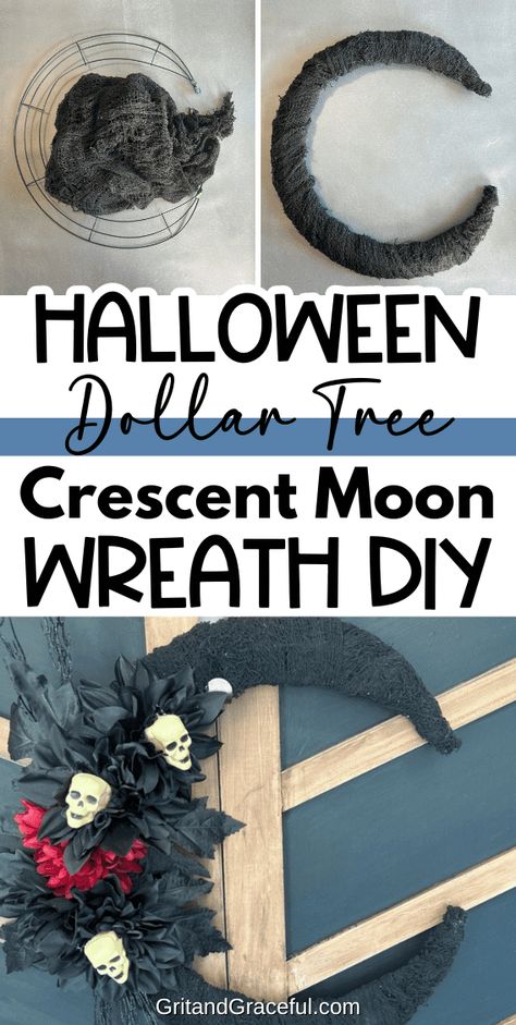 Easy Witchy Crescent Moon Wreath DIY For A Magical Halloween - Grit And Graceful Crescent Moon Wreath Diy, Moon Wreath Diy, Metal Wreath Ideas, Wire Wreaths, Crescent Moon Wreath, Moon Wreath, Topiary Diy, Wreath Printable, Magical Halloween