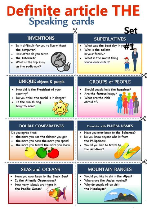 Definite article THE - Speaking cards - English ESL Worksheets for distance learning and physical classrooms Speaking Cards Intermediate, Speaking Patterns, Articles In English Grammar, Speaking Questions, Definite Article, Indefinite Articles, Article Grammar, Articles Activities, Speaking Activities English