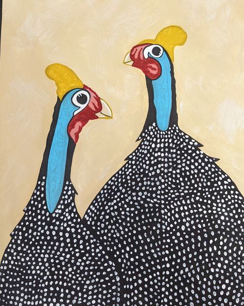 Fowl Drawing, Fowl Illustration, Funky Bird Paintings, Birds In Madhubani Painting, Guinea Fowl Art, Hen Illustration Chicken Art, Geninne Zlatkis Birds, Seaside Paintings, Canvas Drawing