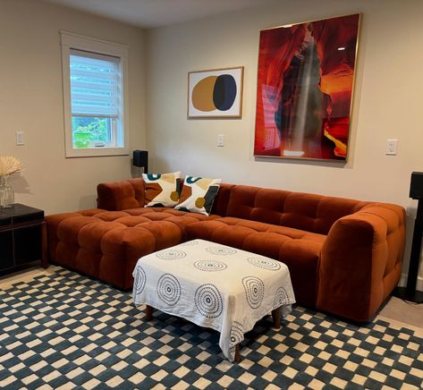 Burnt orange velvet Boba sectional. Great photo sent in from client. Burnt Orange Velvet, Orange Velvet, Great Photos, Burnt Orange, Sectional, Velvet, Orange, Quick Saves