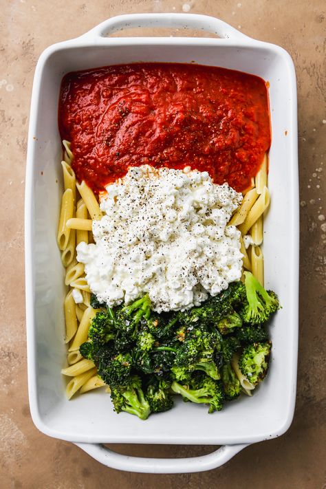 Easy Cottage Cheese Pasta Bake | Walder Wellness, RD Pasta Bake, Cottage Cheese Pasta, Cheese Pasta Bake, Broccoli Spinach, Cottage Cheese Recipes, Cheese Pasta, Vegetarian Dinner, Meatless Meals, High Protein Recipes