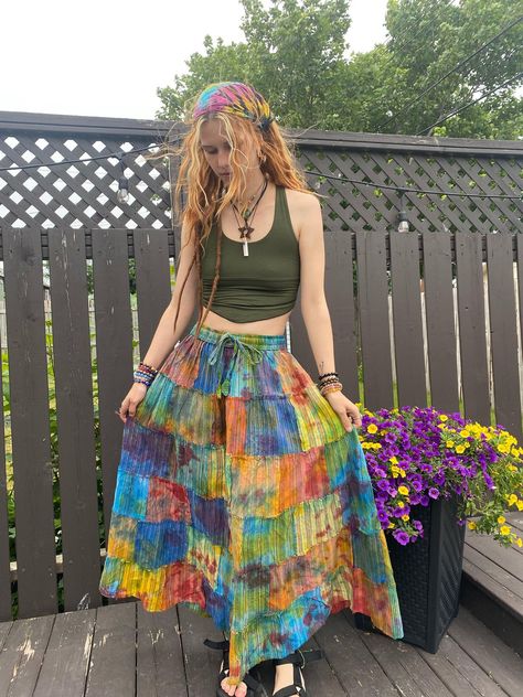 Handmade Tie Dye Boho Hippie Patchwork Long Skirt Made from up-cycled cotton fabric. Super comfy, loose fit.  Elastic waist with drawstring.  Different tie dyed patches are stitched together to give a rough grunge trendy in season look, which makes this skirt unique and attractive. Wear as a casual outfit, travel , perfect for festivals. ONE SIZE approximate measurements: Length- 36" Waist- 26"( stretch up to 38") Hand wash in cold water separately , line dry, warm iron. Each piece is stitched u Patched Skirt Outfit, Hippy Outfits Women, Hippy Skater Outfits, Long Hippie Skirt, Boho Skirts Outfit, Hand Made Clothing, Hippie Core Outfits, Boho Earthy Style, Indi Clothes