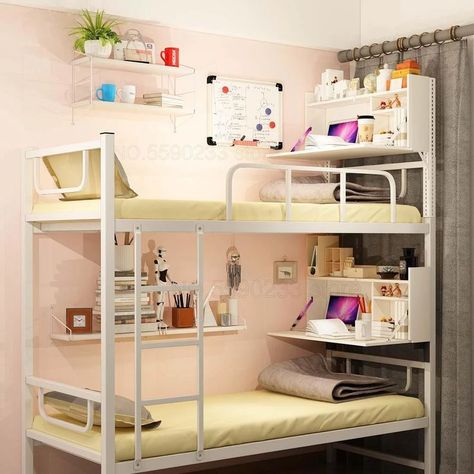 Bunk Bed Shelf Ideas, Dorm Bunk Beds, Bunk Bed Decor, Bunk Bed Wall, Bunk Bed Shelf, Lofted Dorm Beds, Bunk Beds Small Room, Bed Shelf, Bunk Bed Rooms