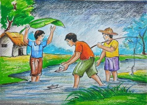 Rainy Day In Village Drawing, Memory Drawing Of Rainy Season, Rainy Day Memory Drawing, Rainy Scenery Drawing, Senary Drawing Watercolor, Drawing Of Rainy Season, Rainy Season Drawing Scenery, Rainy Day Drawing For Kids, Rainy Season Drawing For Kids