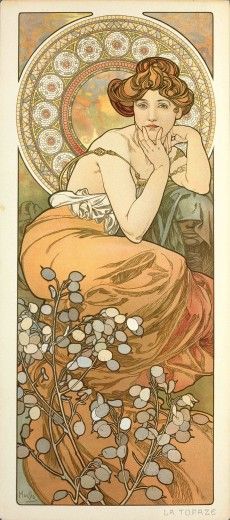 The Precious Stones: Topaz Art Nouveau Mucha, Motifs Art Nouveau, Illustration Art Nouveau, Alphonse Mucha Art, Mucha Art, Alfons Mucha, Carl Larsson, زجاج ملون, Art Nouveau Illustration