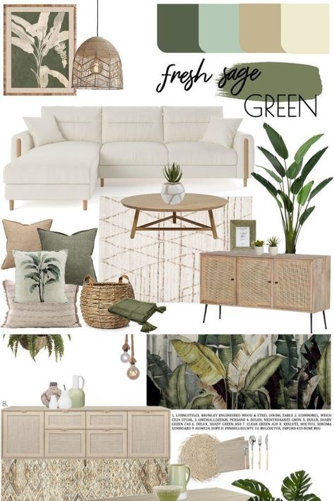 Green Natural Home Decor, Beach Studio Apartment Decor, Earth Color Decor, Living Room Decor Bright And Airy, Scandinavian Living Room Paint & Paint Tools, Moodboard For Living Room, Botanic Interior Design, Health Office Design, Living Room Moodboard Interior Design