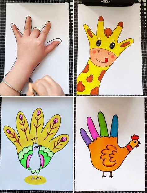 Hand Animals Drawing, Animal Hand Drawing, Kids Drawing Activities, Kids Animal Drawing, Creative Animal Drawings, Easy Hand Drawings Simple, Drawing Ideas Easy Kids, How To Draw Animals For Kids, Kids Drawings Easy