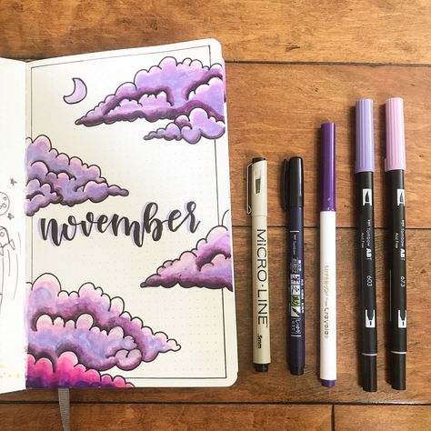 Cover Page For Diary, Journal Ideas Purple, Journal Ideas For November, Purple Journal Ideas, Aesthetic Journal Cover Design, Kawaii Journal Ideas, Months Drawing, April Bullet Journal Cover Aesthetic, Month Cover Page Bullet Journal