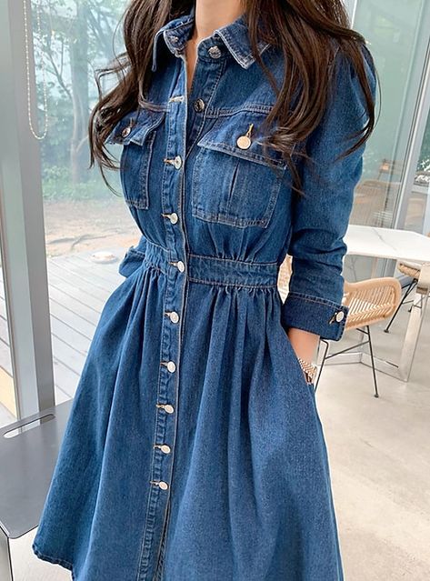 Denim Dresses Online, Vacation Winter, Long Sleeve Denim Dress, Belt Pocket, Womens Denim Dress, Plain Dress, Dress Denim, Style Formal, Trends 2023