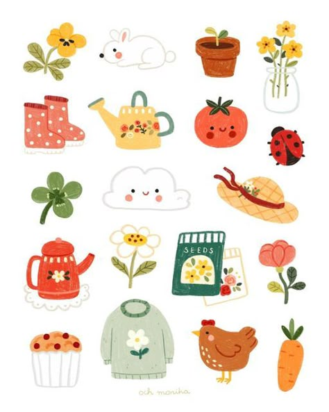 Drawing Spring Ideas, Cute Small Illustration, Spring Doodles, Cute Objects, Cute Digital Stickers, Spring Illustrations, Spring Elements, Small Illustrations, Fluffy Chicken