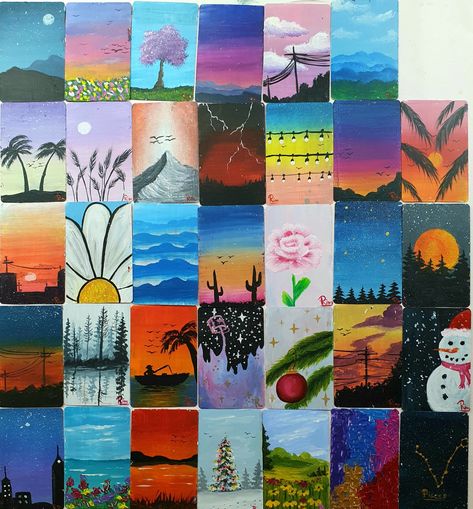 Landscape ideas to try. Landscapes with trees, silhouettes, nature scenery on deck of cards Painting Cards Deck Ideas, Painting Deck Of Cards, Deck Of Card Painting Ideas, Painting Cards Deck, Painted Cards Deck, Painting Cards, Card Painting, Painting Videos Tutorials, Playing Cards Art