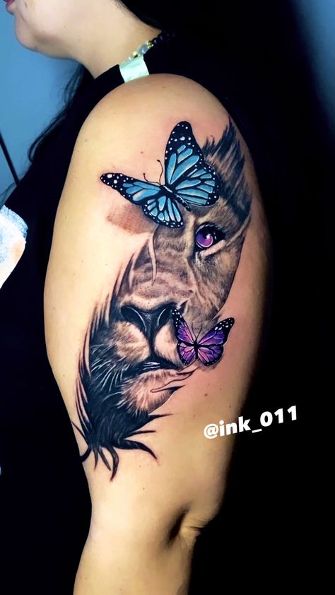 Lioness Butterfly Tattoo, Lion Tattoo With Butterflies, Lion And Hummingbird Tattoo, Butterfly With Lion Face Tattoo, Half Tiger Half Flower Tattoo, Lion With Butterfly Tattoo, Unique Animal Tattoos For Women, Feather Butterfly Tattoo, Lion Butterfly Tattoo