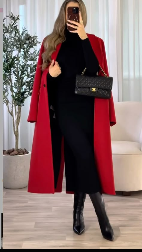 Female Lawyer Fashion Fall: 20+ Ideas You Will Love 2024 22 Theater Outfit Ideas Broadway, Red Coat Aesthetic, Business Casual Christmas Party Outfit, Long Coat Outfit Classy, Overcoat Outfit Women, Red Coat Outfit Winter, Christmas Dress Women Classy, Red Coat Outfit, Casual Leather Jacket Outfit