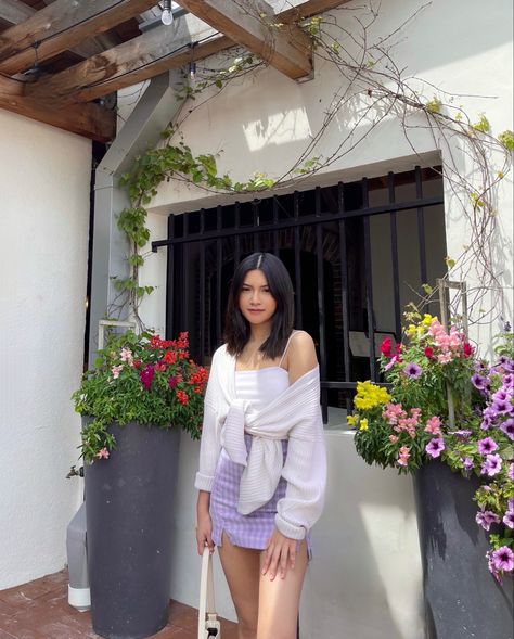 Purple skirt, white tank top, tied cream cardigan, summer, spring, outfit Beach Cardigan, Cardigan White, Cream Cardigan, Purple Skirt, Skirt White, White Skirt, White Cardigan, White Tank Top, Spring Summer Outfits