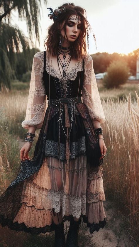 Priestess Aesthetic Outfit, Victorian Boho Fashion, Grunge Fantasy Outfit, Boho Punk Aesthetic, Solstice Outfit, Fantasy Witch Outfit Aesthetic, Modern Gypsycore Fashion, Gypsiesoul Fashion Outfits, Boho Witch Costume