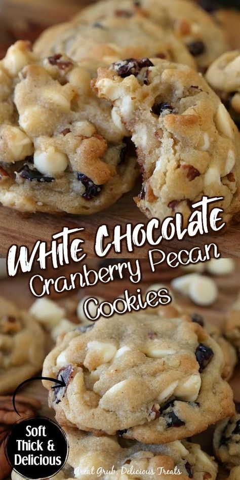 White Chocolate Cranberry Pecan Cookies -These cookies are amazingly soft, thick and chewy, loaded with white chocolate chips, dried cranberries and pecans. Christmas Cookies With White Chocolate, Cookies With Cranberries And Pecans, Cranberry And White Chocolate Cookies, Christmas Cookies With Pecans, Christmas Gourmet Cookies, White Chocolate Pecan Cookies, Gourmet Cookies Recipes, White Chocolate Chip Cranberry Cookies, Cranberry Pecan Cookies