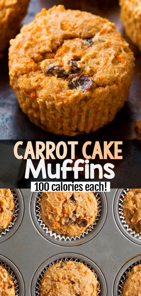 100 Calorie Carrot Cake Muffins (Healthy Snack Recipe) Healthy Low Cal Muffins, Low Calorie Carrot Muffins, High Protein Carrot Cake Muffins, 100 Calorie Muffins, Cottage Cheese Carrot Muffins, Carrot Baking Recipes, Low Calorie Protein Muffins, No Sugar Muffins Healthy, Healthy Muffin Recipes Low Calories