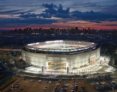 MetLife Stadium in East Rutherford, New Jersey - Great picture of the stadium at night along with the New York skyline in the background. Super Bowl Tickets, Giants Stadium, Stadium Architecture, Jets Football, Nfl Stadiums, New York Football, Soccer Stadium, Metlife Stadium, Club World Cup