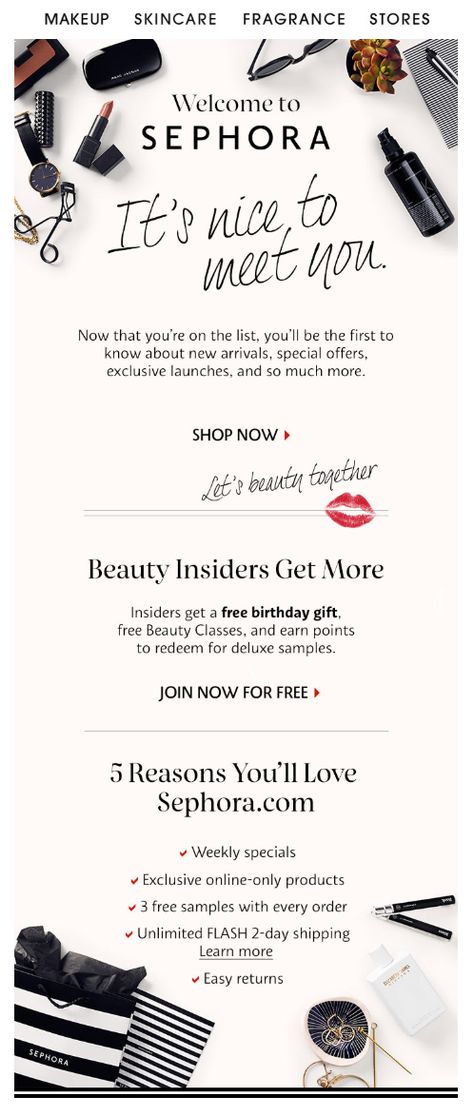 Sephora Welcome Email Welcome Email Design Templates, Welcome Series Email Design, Email Blast Template, Welcome Email Series, Welcome Email Examples, Welcome Newsletter Design, Welcome Series Email, Email Campaign Ideas, Edm Inspiration