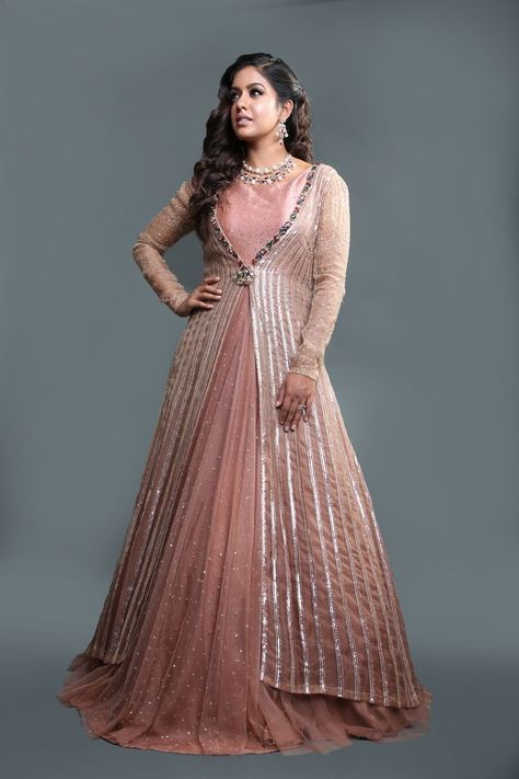 Long Gown With Jacket Indian Party Wear, Shrug With Gown Indian, Gown Designs With Jacket, Long Dress With Jacket Wedding, Indian Sequence Dress, Full Sleeve Dress Long Indian, Full Jacket Indian Dress, Anarkali With Shrug, Sequence Anarkali Dress